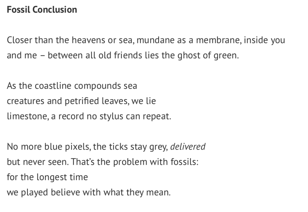 Fossil Conclusion
Closer than the heavens or sea, mundane as a membrane, inside you
and me – between all old friends lies the ghost of green.
As the coastline compounds sea
creatures and petrified leaves, we lie
limestone, a record no stylus can repeat.
No more blue pixels, the ticks stay grey, delivered
but never seen. That’s the problem with fossils:
for the longest time
we played believe with what they mean.