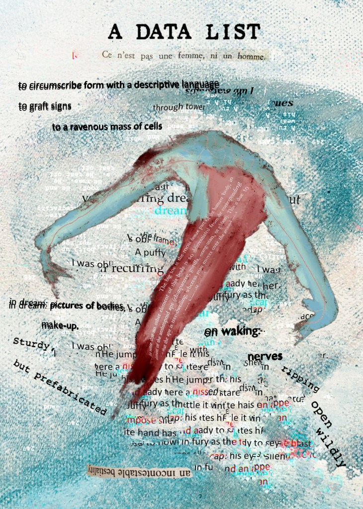 A Data List

The image is dominated by the ambiguous figure of what could be the body and arms of a headless person, arms extended outwards, like wings in flight. Collaged fragments of illegible and semi-legible text are dotted around. The most prominent textual elements read:

to circumscribe form with a descriptive language
to graft signs
	to a ravenous mass of cells

in dream: pictures of bodies,
	make-up, 
	sturdy,
	but prefabricated
	
on waking: 
	nerves 
	ripping
	open
	wildly