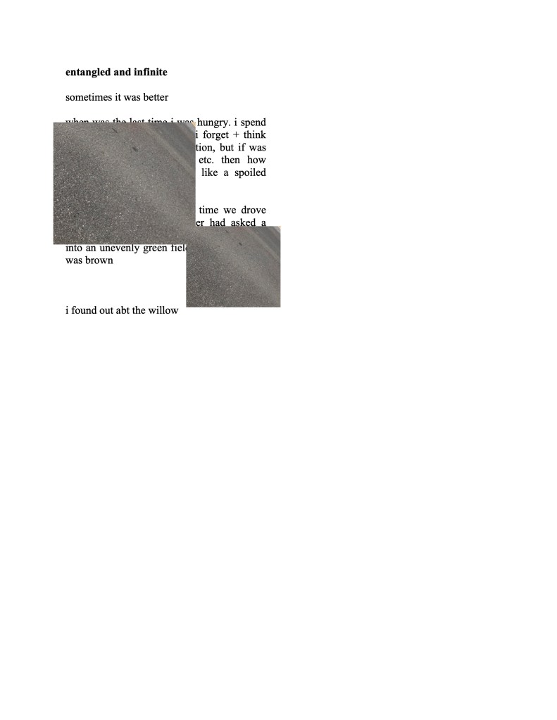 This image consists of text over which 2 images of light grey tarmac have been placed. Only some of the text is visible.
entangled and infinite
sometimes it was better
when was the last time i was hungry. i spend
i forget + think
tion, but if was
etc. then how
like a spoiled
time we dropve
er had asked a
into an unevenly green field
was brown
i found out abt the willow