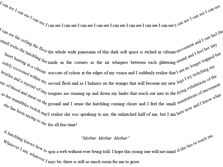 I can see I can see I can see I can see I can see I can see I can see I can see I can see I can see I can see I can see I can see I can see 

I can see the ceiling floor the whole wide panorama of this dark soft space is etched in vibrant movement and I can feel the
small webs the hatchling has made in the corners as the air whispers between each glittering strand and I feel her tiny
heart beating in a vibrant staccato of colour at the edges of my vision and I suddenly realise that I am no longer trapped but
safely cocooned within my second flesh and as I balance on the stumps that will become my new legs I try twitching my
bristles and a myriad of tiny tongues are running up and down my limbs that reach out into to the dying exhalations of the
sac of blood and meat on the ground and I sense the hatchling coming closer and I feel the small susurrations of movement
as her mandibles twitch and I realise she was speaking to me, the unhatched half of me, but I am here now and I know what
she has been saying to me for all this time!

“Mother Mother Mother”

A hatchling knows how to spin a web without ever being told. I hope this young one will not mind if she has to teach me.
Whatever I am, whatever I may be, there is still so much room for me to grow.