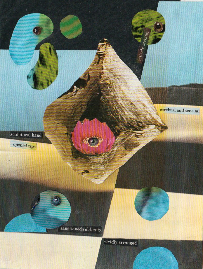 sculptural hand
actively seeking
cerebral and sensual
opened zips
sanctioned sublimity
vividly arranged